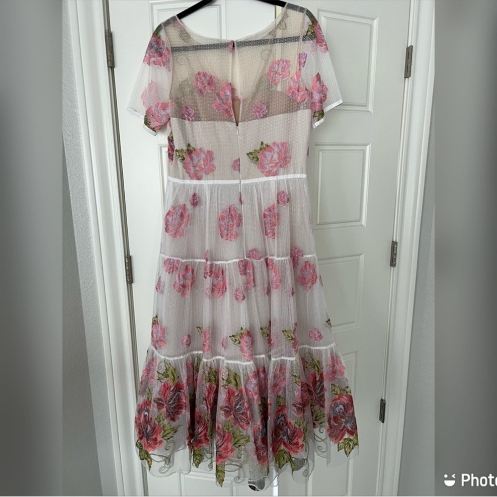 Marchesa Notte Tiered Embroidered Tulle Midi Dress - Picture 5 of 12